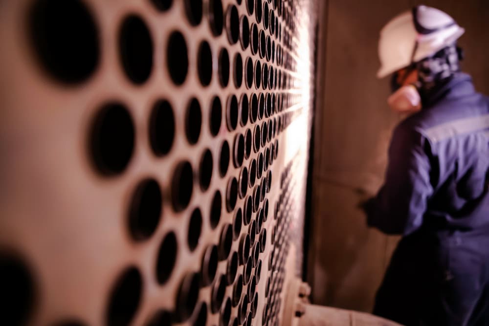 early boiler repairs man looking at tubing work on an industrial boiler